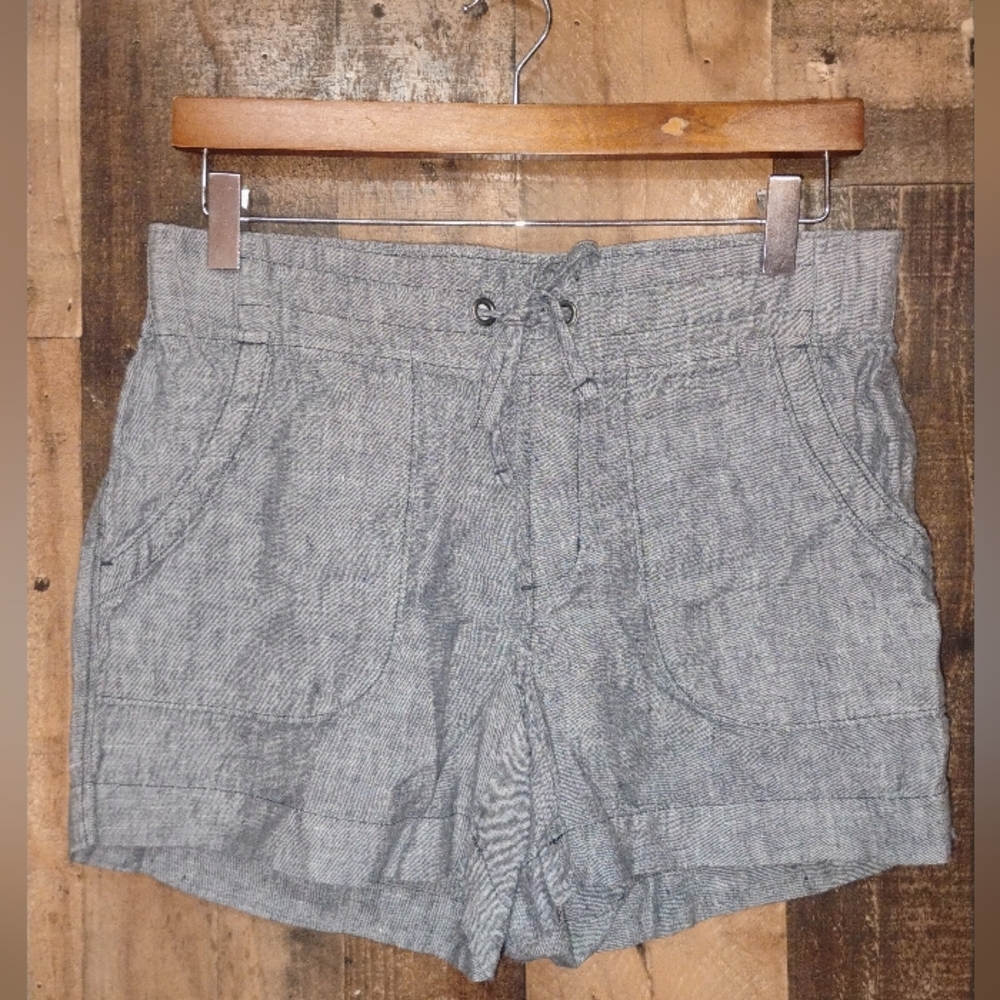 Athleta 100% Linen Elastic Waist Women's Black Chambray Drawstring Shorts Size 6